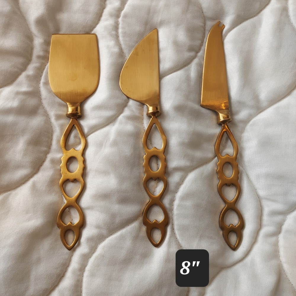 Gold Tone Cheese Knife Set 3 Piece Filigree Handle Charcuterie Serving Tools 8in - Picture 5 of 5